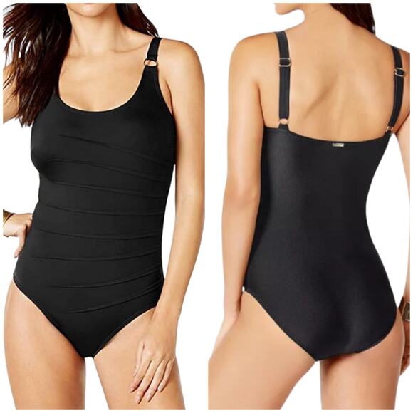Calvin Klein NWT Starburst One-Piece Swimsuit Black Size 4 Shelf Bra Padded - Picture 1 of 13